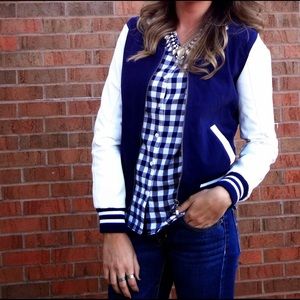 Navy Blue Varsity Jacket with White Faux Leather Sleeves